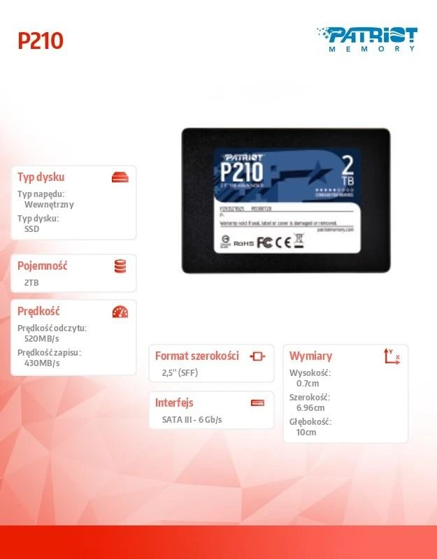 PATRIOT P210 2TB SSD SATA 3 vidinis SSD diskas 2,5 colio