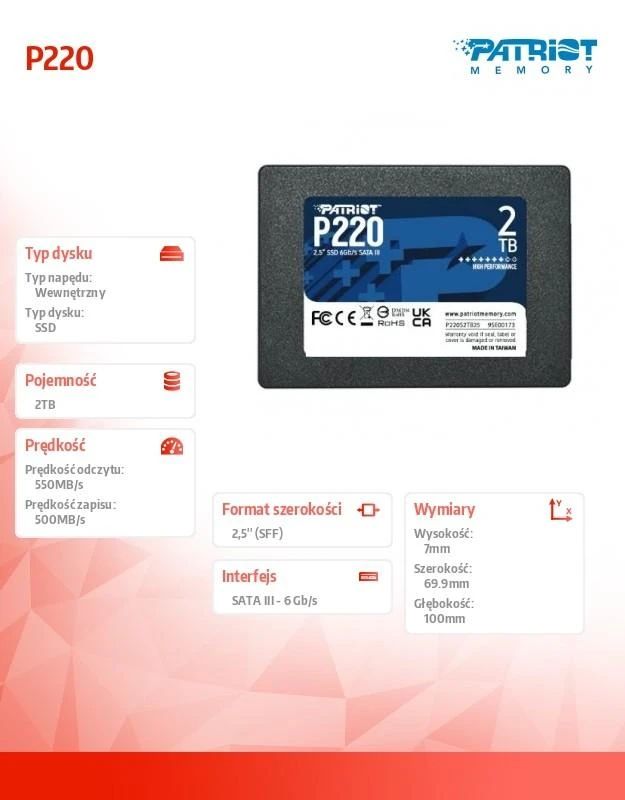 PATRIOT P220 SSD 2TB SATA 550/500MB/s