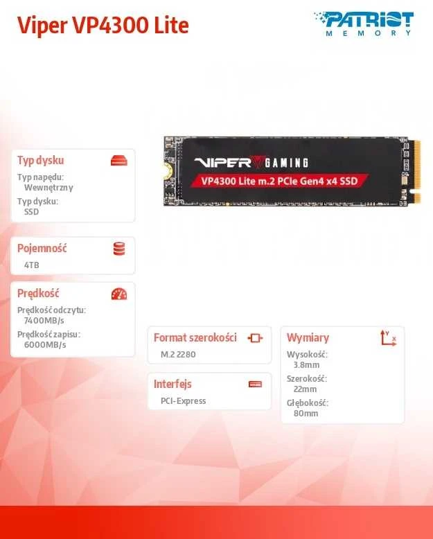 M.2 SSD - Patriot Memory VP4300 Lite 4TB PCIe 4.0 7400MB/s Skaitymas 6000MB/s Rašymas