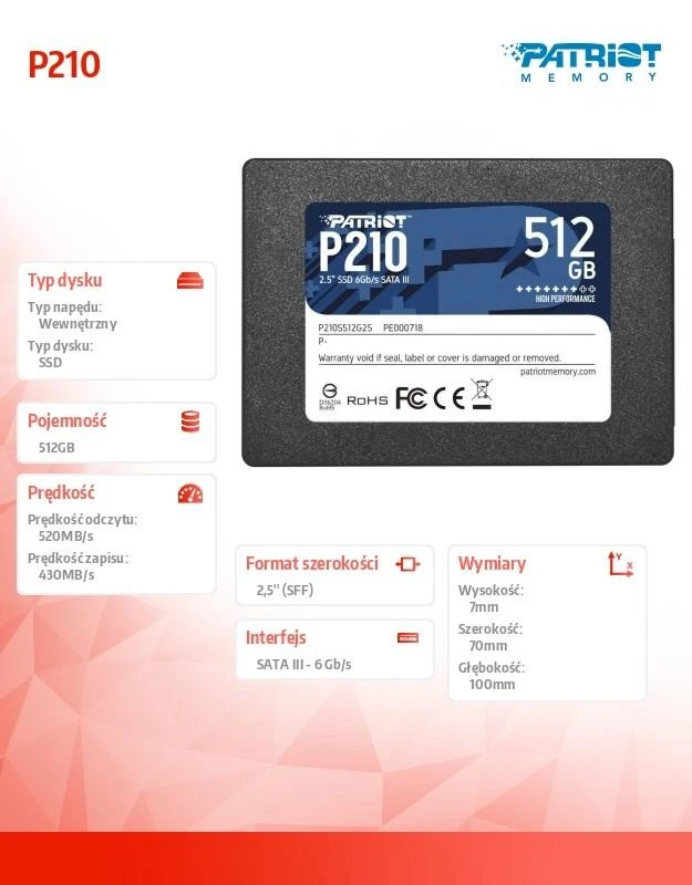 Kietasis vidinis diskas Patriot P210 SSD SATA III 2.5", 512 GB