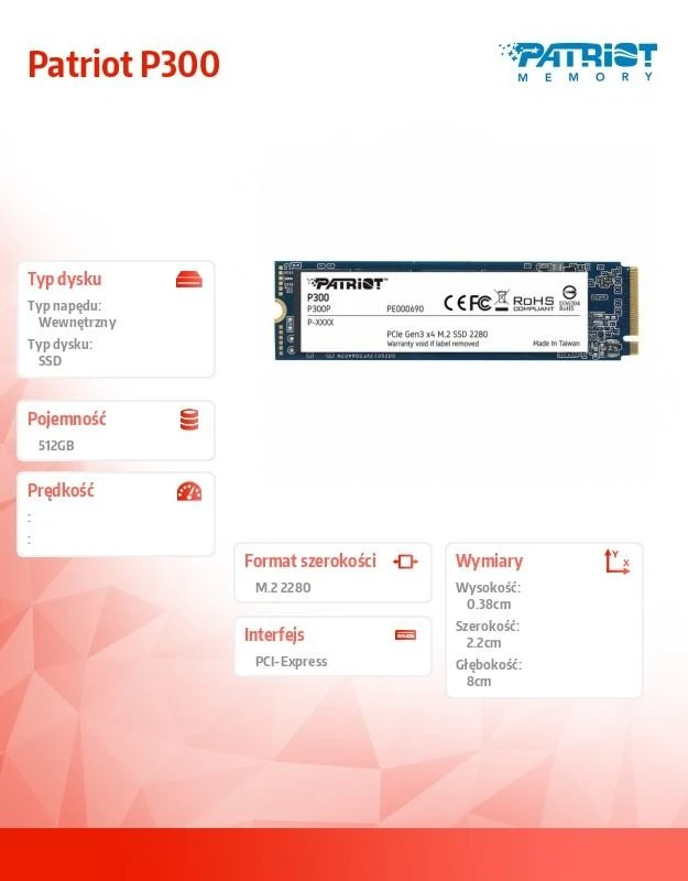 Kietasis vidinis diskas Patriot P300 M.2 PCIe Gen 3 x4 512GB SSD
