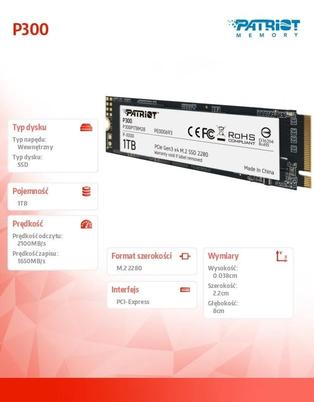 Kietasis vidinis diskas Patriot P300 M.2 PCIe Gen 3 x4 1TB SSD