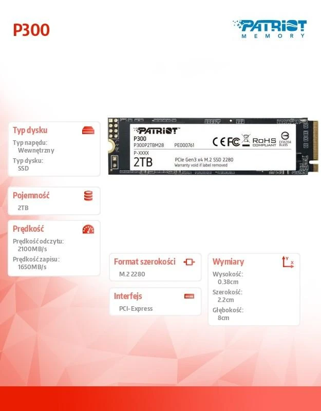Kietasis vidinis diskas Patriot P300 M.2 PCIe Gen 3 x4 2TB SSD