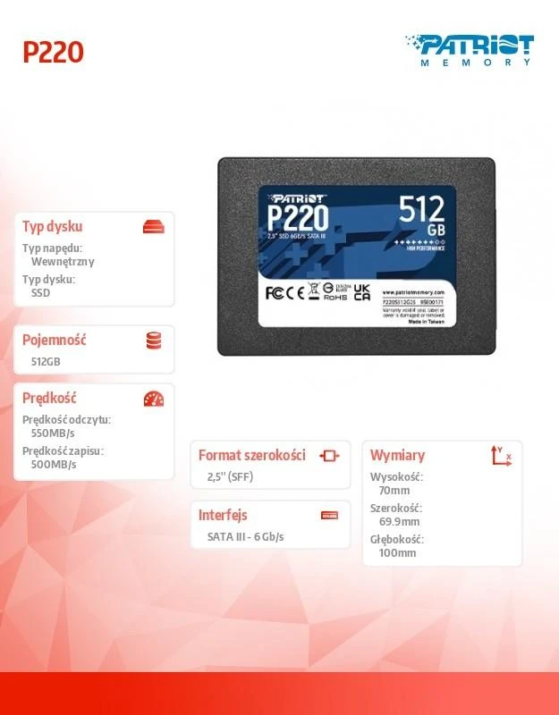 PATRIOT P220 SATA 3 512 GB SSD 550/500 MB/s