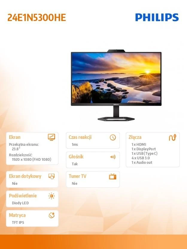 Philips Monitorius su Windows Hello Webcam 24E1N5300HE 23,8 ", IPS, FHD, 1920 x 1080, 16:9, 4 ms, 300 cd/m², Juodas, 75 Hz, HDMI jungtys 1 kiekis