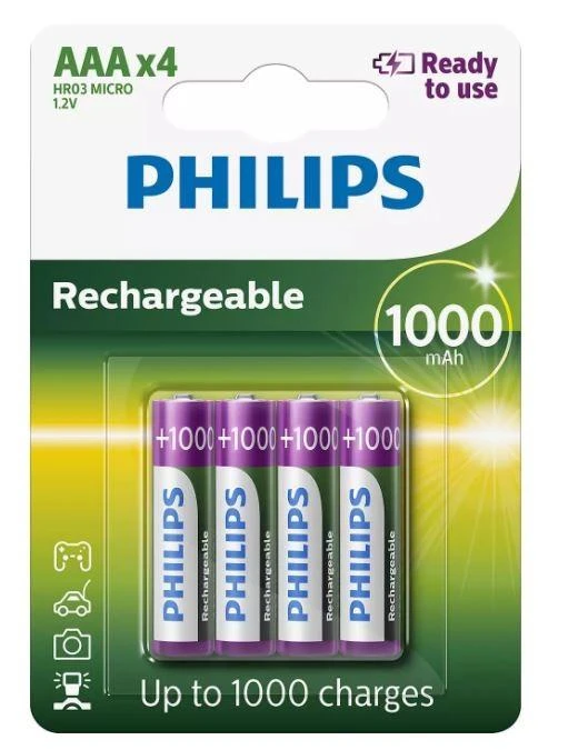 Philips Įkraunama baterija R03B4RTU10/10, Įkraunama baterija, AAA, Nikelio-metalo hidrido (NiMH), 1,2 V, 1000 mAh, Cd (kadmis), Hg (gyvsidabris)