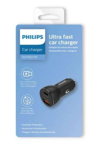 Philips USB-A + USB C automobilinis įkroviklis