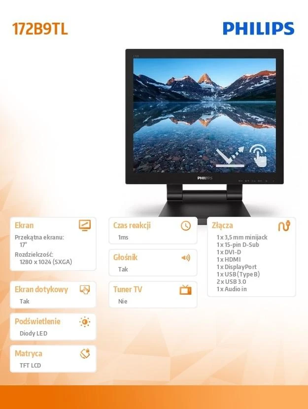Monitorius MMD-MONITORIAI & EKRANAI PHILIPS 172B9TL/00 B-Line 43,2 cm 17 colių skystųjų kristalų ekranas su SmoothTouch HDMI USB garsu