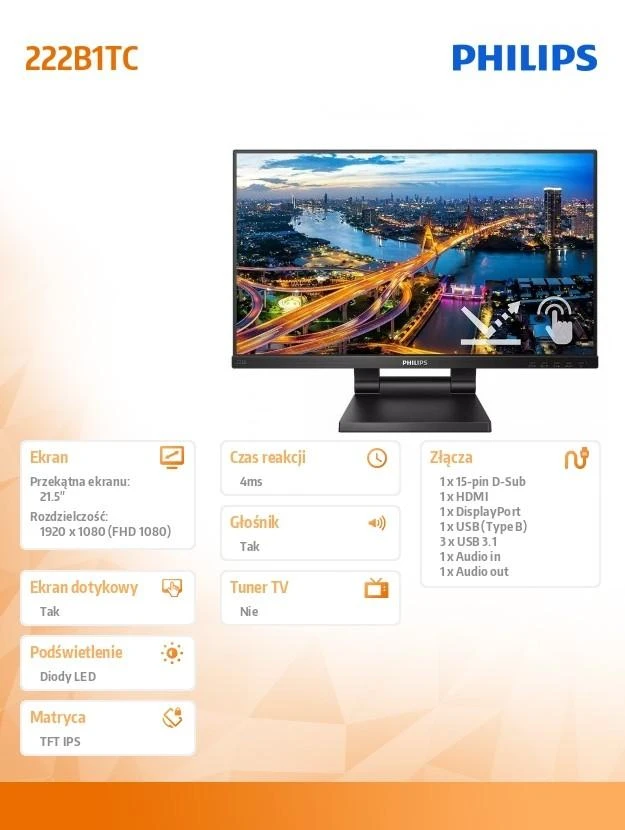 Monitorius MMD-MONITORIAI & EKRANAI PHILIPS 222B1TC/00 21,5 colio 16:9 IPS FHD 60Hz 250cd/m2 D-SUB HDMI DP 1xUSB-B/3x USB 3.2