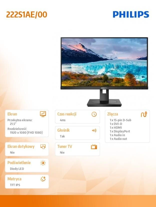 Monitorius „Mmd“ monitoriai, ekranai „PHILIPS 222S1AE/00“, 21,5 colio, IPS, WLED, 1920 x 1080, žemas Mėlyna režimas, DVI/HDMI/DP