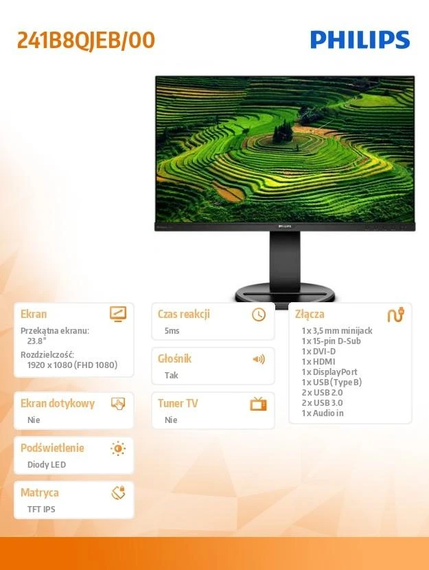 Monitorius Philips 241B8QJEB/00 23.8 ", IPS, FHD, 1920 x 1080 pikselių, 16:9, 5 ms, 250 cd/m², Juodas