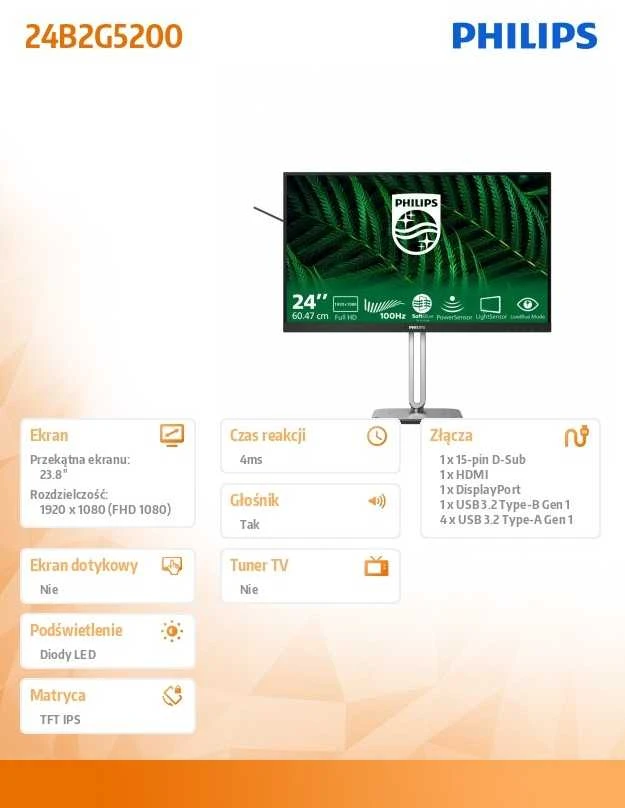 „Mmd Monitors“ ekranai „PHILIPS 24B2G5200/00“ – 23,8 colio FHD IPS 75 Hz D-SUB HDMI 1.4 DP 1.2 monitorius