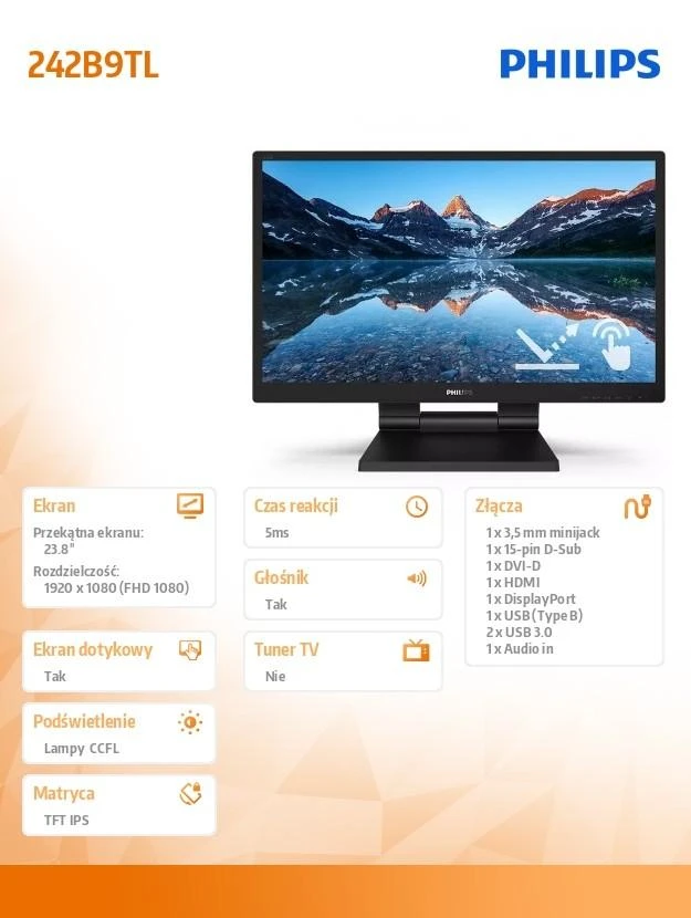 MMD-MONITORIAI & EKRANAI PHILIPS 242B9TL/00 B-Line 60,5 cm 23,8 colio LCD monitorius su SmoothTouch VGA HDMI DP DVI