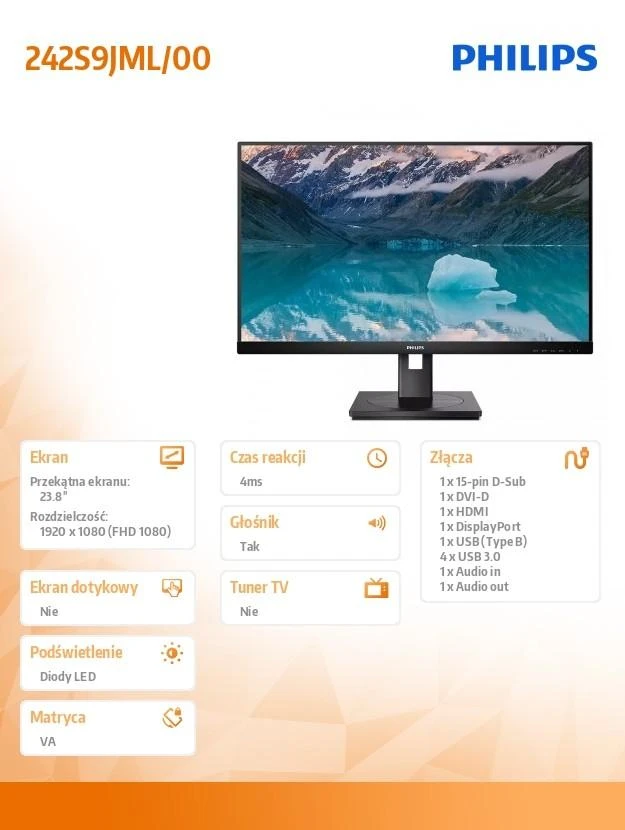Monitorius Mmd monitoriai Ekranai PHILIPS 242S9JML/00 23.8 colio 1920x1080 VA plokščias H/A 130 MM 4ms GtG 75Hz USB šakotuvas Garsiakalbiai DP HDMI