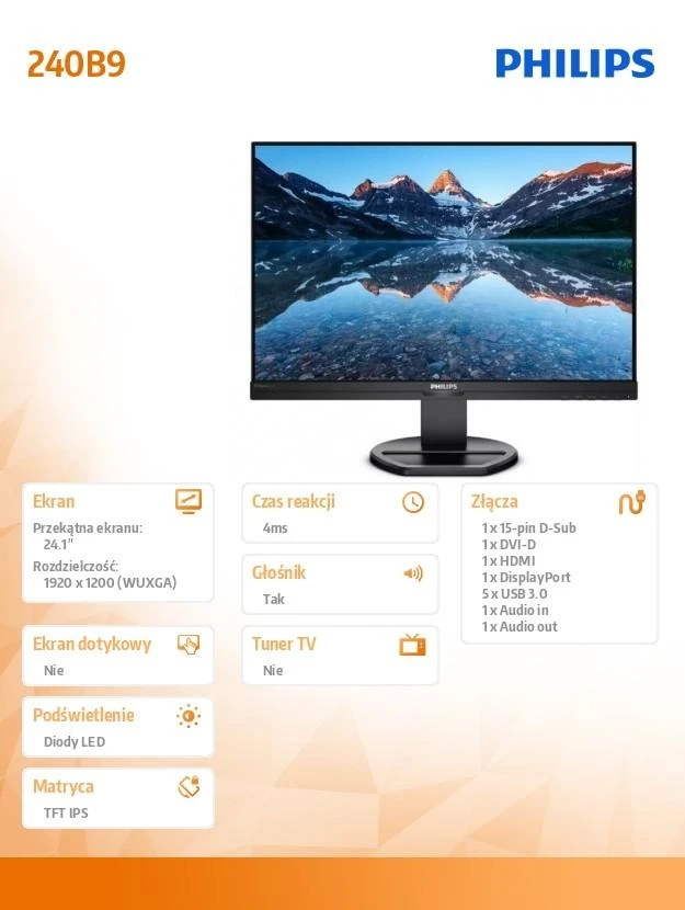 Monitorius Mmd monitoriai Ekranai PHILIPS 240B9/00 24 colių AHVA WLED 1920x1200 DVI/HDMI/DP žemo Mėlyna režimas