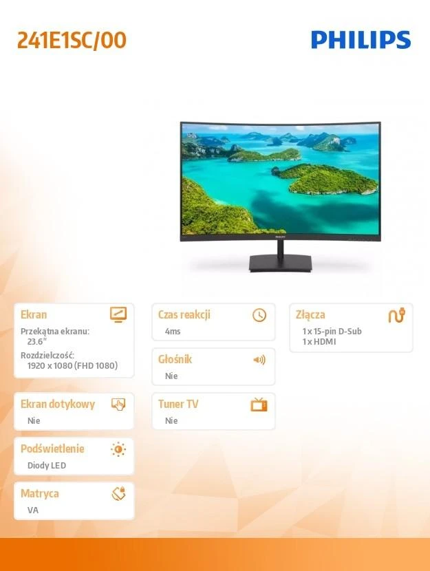 Monitorius Philips 241E1SC/00 23.6", Juodos spalvos