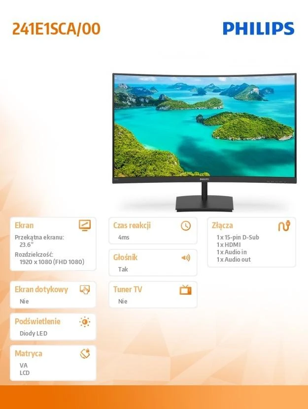 Philips E Line 241E1SCA/00 kompiuterio monitorius 59,9 cm (23,6") 1920 x 1080 pikseliai „Full HD“ LCD Juoda