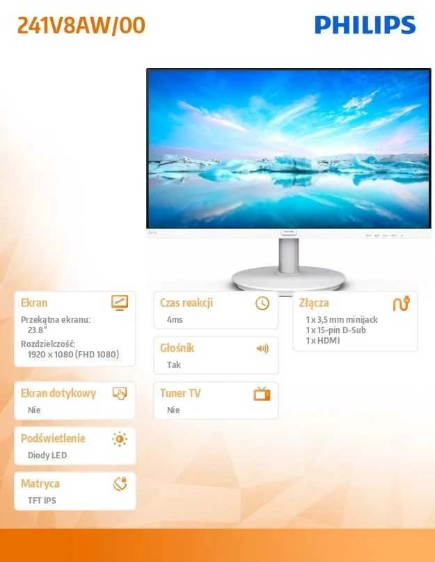 Philips | Monitorius | 241V8AW/00 | 23.8 " | IPS | 16:9 | 75 Hz | 4 ms | 1920 x 1080 pikselių | 250 cd/m² | Baltas