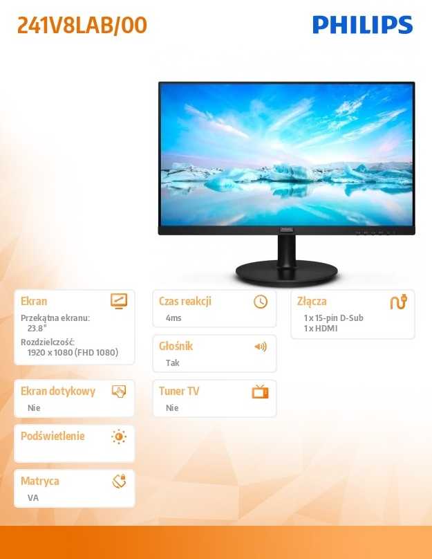 Philips | Monitorius | 241V8LAB / 00 | 23.8 