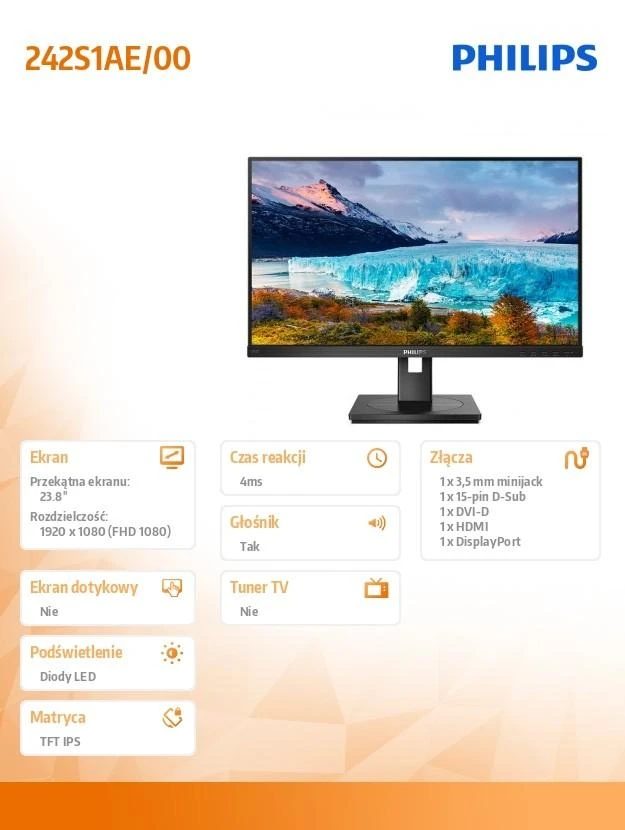 Monitorius Philips S Line 242S1AE/00 LED ekranas 60,5 cm (23.8") 1920 x 1080 pikseliai „Full HD“ Juoda