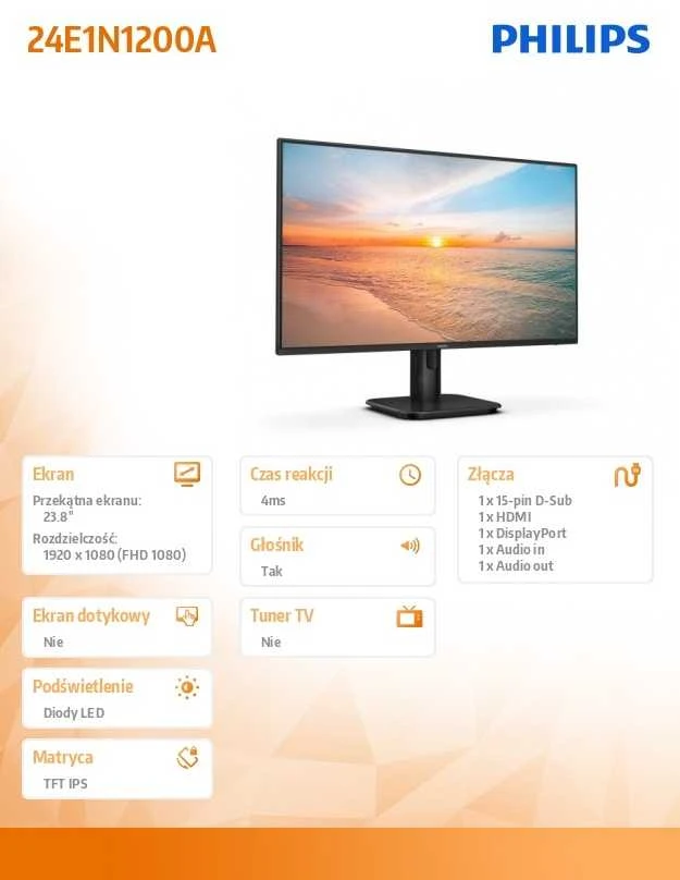 Philips 1000 series 24E1N1200A/00 computer monitorius 60.5 cm (23.8") 1920 x 1080 pikselių Full HD LCD Juodas