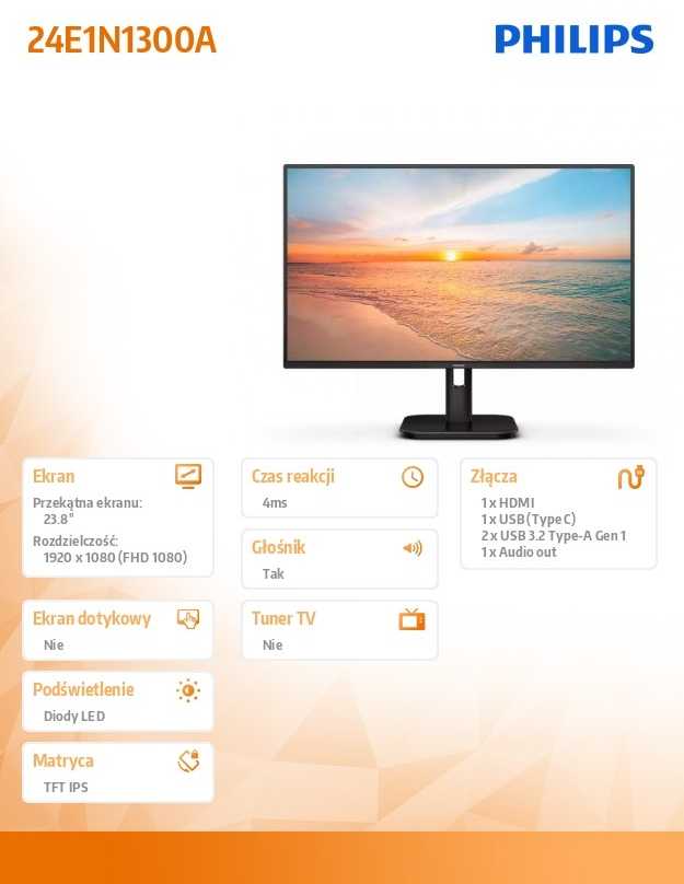 Monitorius Mmd Monitors Displays PHILIPS 24E1N1300A/00 23.8inch IPS 1920x1080 16:9 HDMI USB Juodas