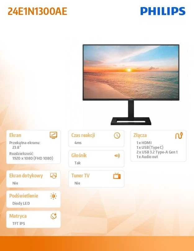 Monitorius Philips 24E1N1300AE/00, 23.8", 1920 x 1080, IPS, 100 Hz, 4 ms