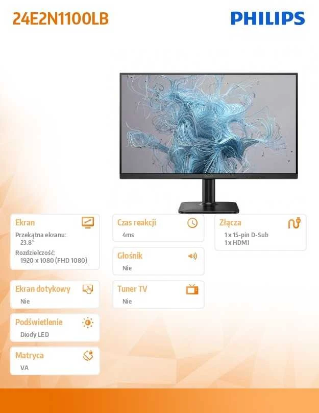 Mmd Monitors Displays PHILIPS 24E2N1100LB/00 23.8inch 1920x1080 100Hz HDMI D-Sub Juodas
