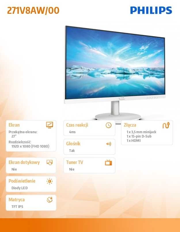 Philips | Monitorius | 271V8AW/00 | 27 " | IPS | 16:9 | 75 Hz | 4 ms | 1920 x 1080 pikselių | 250 cd/m² | Baltas