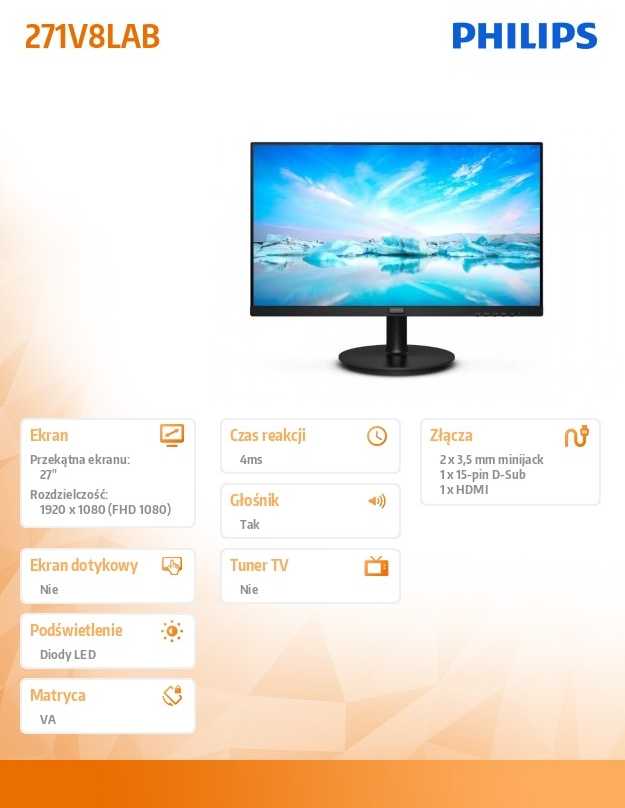 Philips | Monitorius | 271V8LAB/00 | 27 " | VA | 16:9 | 100 Hz | 4 ms | 1920 x 1080 pikselių | Juodas