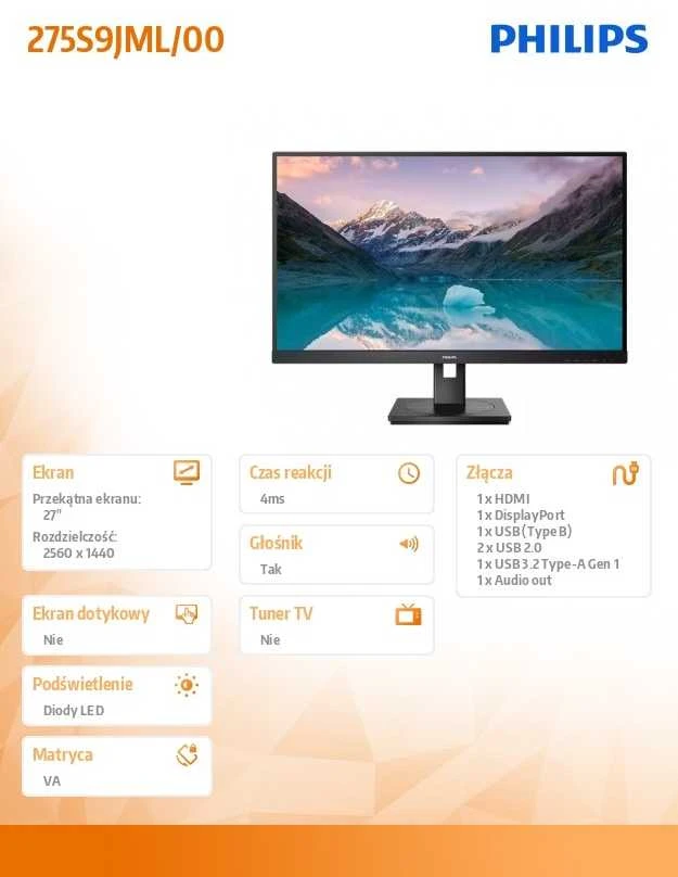 Monitorius Philips 275S9JML/00 27", Juodos spalvos