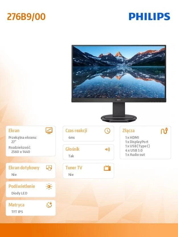 Monitorius su USB-C Philips 276B9/00 27 ", Juodos spalvos