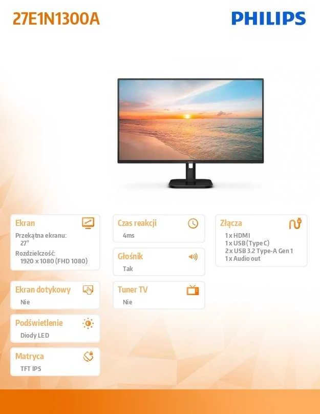 Monitorius Mmd monitoriai Ekranai PHILIPS 27E1N1300A/00 27 colių IPS 1920x1080 16:9 HDMI USB Juodas