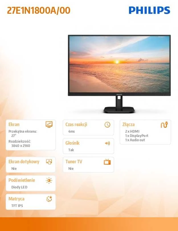 Monitorius „Mmd Monitors“ ekranai „PHILIPS 27E1N1800A/00“, 27 colių, 4K UHD IPS, 60 Hz, 350 cd/m2, 4 ms, 2xHDMI2.0, DP garsiakalbiai