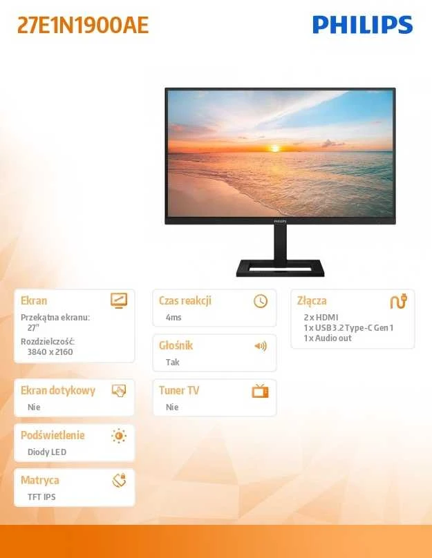 Monitorius Mmd monitoriai Ekranai PHILIPS 27E1N1900AE/00 27 colių IPS 4K UHD 60Hz 350cd/m2 4ms 2xHDMI2.0 USB Type-C PD65W USB šakotuvas Garsiakalbiai Aukščio reguliavimas.