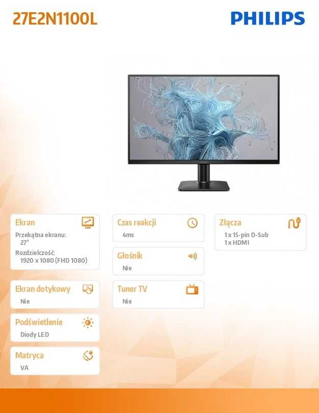 Monitorius Mmd monitoriai Ekranai PHILIPS 27E2N1100L/00 27 colių 1920x1080 100Hz HDMI D-Sub Juodas