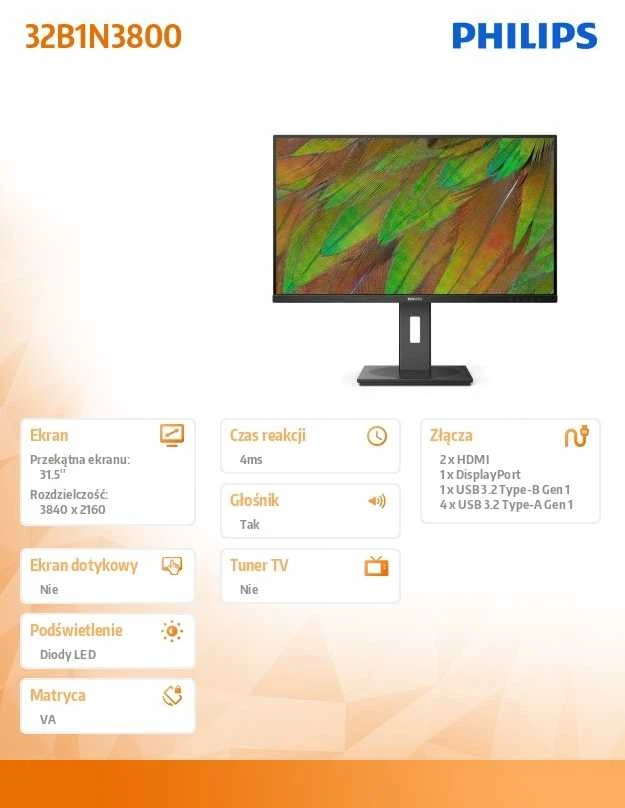 „PHILIPS 32B1N3800/00“ 31,5 colio UHD LED monitorius, 16:9, VA, 60 Hz, 2xHDMI 2.0, DP 1.4, 16:9, VA, 60 Hz