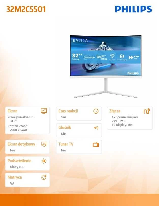 Monitorius „Mmd Monitors“ ekranai „PHILIPS“ 31,5 colio 2560x1440 VA lenktas 1500R 130 mm „EVNIA 5000 Ambiglow“ lenktas QHD 2K 180Hz greitas VA 1 ms GtG HDR10
