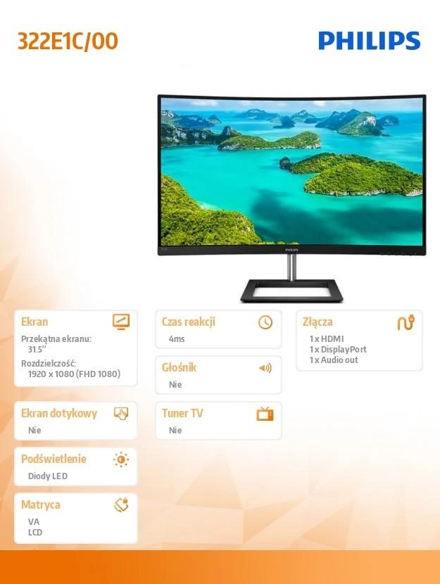 Monitorius Philips | 322E1C/00 | 31.5 " | VA | FHD | 16 : 9 | 75 Hz | 4 ms | 1920 x 1080 | 250 cd/m² | HDMI jungtys quantity 1 | Juodas | Garantija 36 mėn.