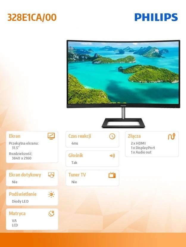 PHILIPS Lenktas LCD monitorius su „Ultra Wide-Color“ / 328E1CA/00 /  31,5 col. / 4K UHD / VA / HDMI/DP / garsiakalbiai