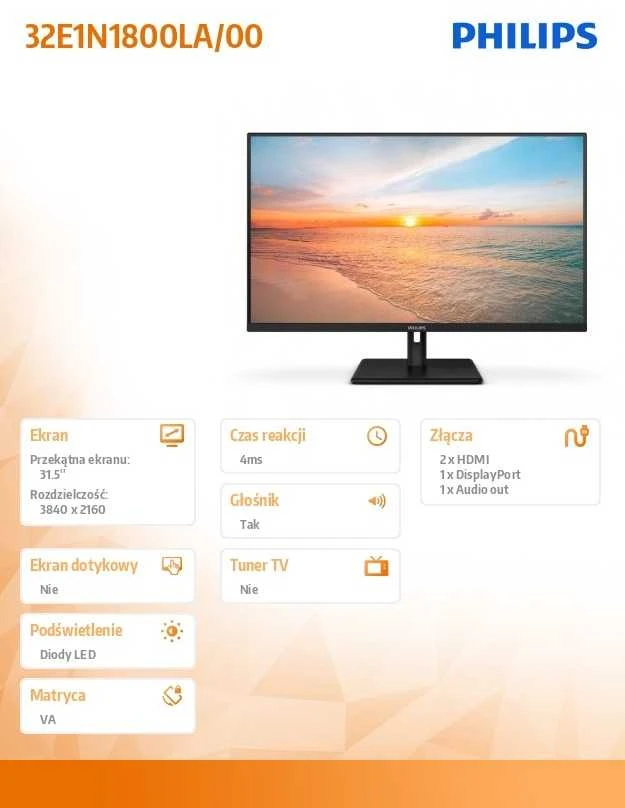 Monitorius Mmd monitoriai Ekranai PHILIPS 32E1N1800LA 31.5 colių Adaptive Sync 3840x2160 HDMI DP Juodas