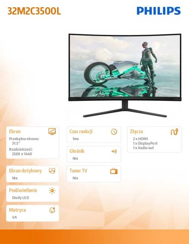 Monitorius „Mmd Monitors“ ekranai „PHILIPS 32M2C3500L/00“, 31,5 colio VA QHD 180 Hz, 300 cd/m2, 1 ms, 2xHDMI2.0, DP