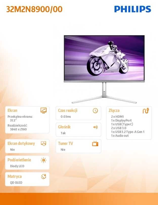 Monitorius Mmd monitoriai Ekranai PHILIPS 32M2N8900/00 32 colių UHD OLED 240Hz 250cd/m2 0.03ms 2xHDMI2.1 DP USB Type-C PD90W Garsiakalbiai Aukščio reguliavimas.