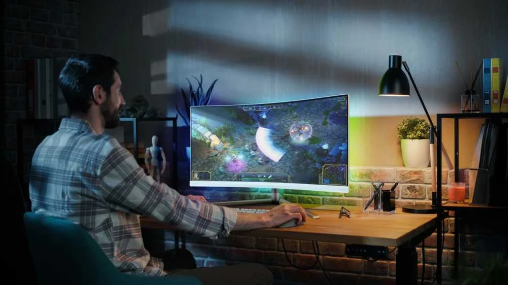 Monitorius „Mmd“ monitoriai, „PHILIPS“ 34 colių, 3440x1440, VA, 130 mm, „EVNIA 5000 Ambiglow Curved“, WQHD, 180 Hz, greitas VA, 1 ms, GtG HDR10, USB, 4x USB 3.2