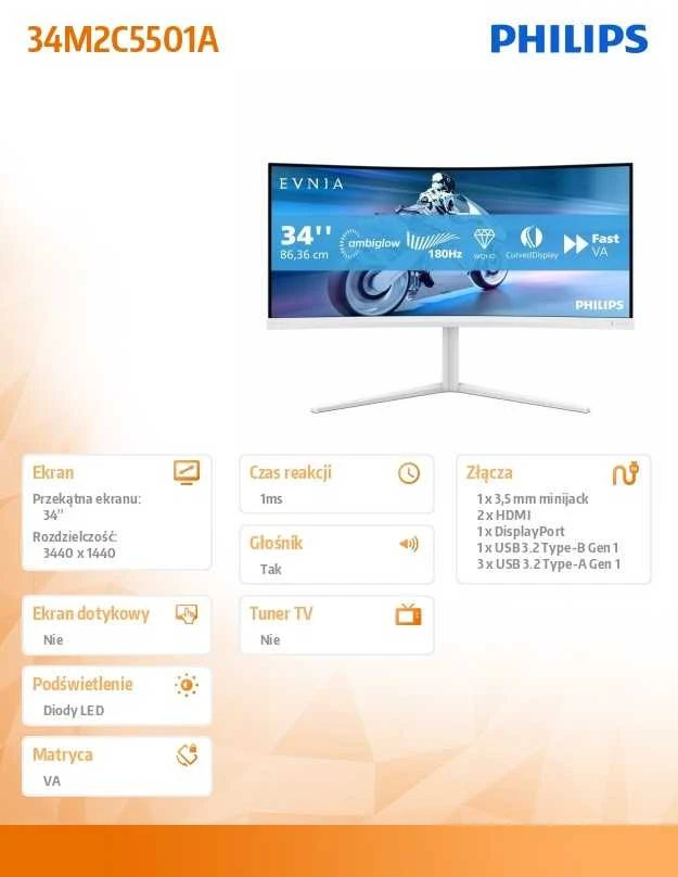 Monitorius „Mmd“ monitoriai, „PHILIPS“ 34 colių, 3440x1440, VA, 130 mm, „EVNIA 5000 Ambiglow Curved“, WQHD, 180 Hz, greitas VA, 1 ms, GtG HDR10, USB, 4x USB 3.2