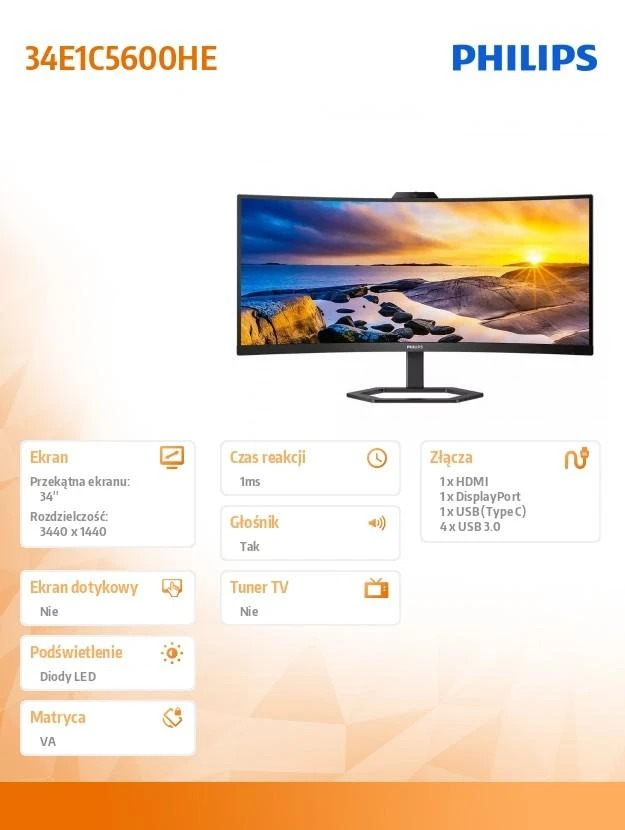 Monitorius Mmd monitoriai Ekranai PHILIPS 34E1C5600HE/00 34 colių 3440x1440 VA lenktas H/A 130 mm ULTRAWIDE USB-C ekranas