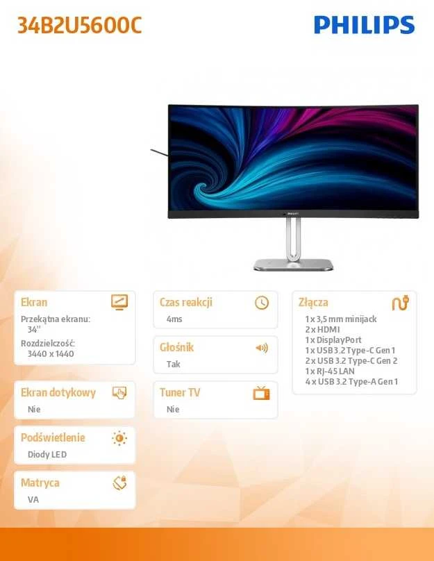 Monitorius PHILIPS 34B2U5600C/00 34 colių 3440x1440 120Hz VA lenktas/ 300  cd/m²/ HDMI 2.0 x 2, „DisplayPort“ 1.4 x 1, USB-C x 1