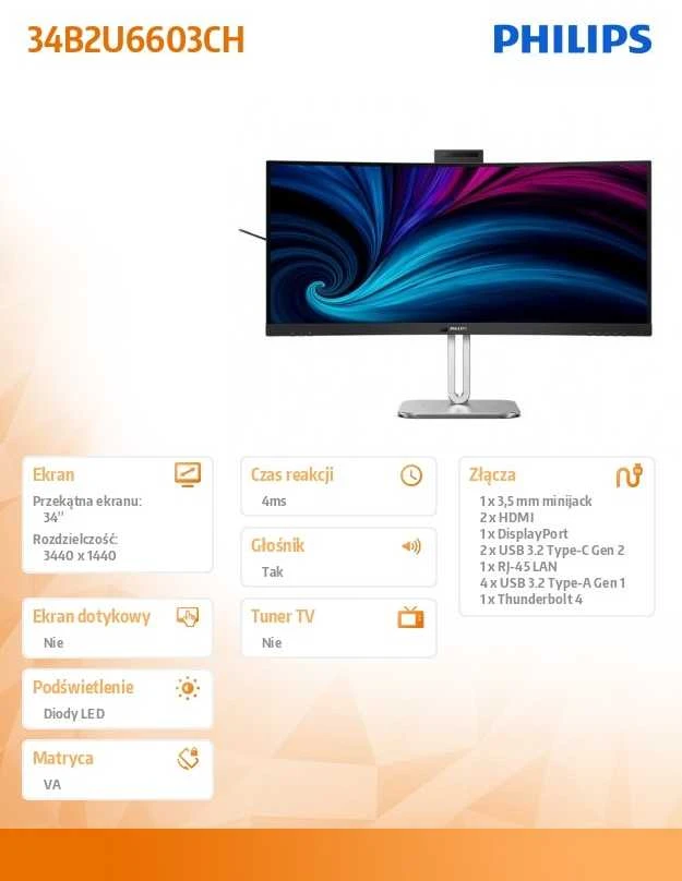 „PHILIPS 34B2U6603CH“ 34 colių lenktas monitorius, 3440x1440, 2xHDMI, DP, USB