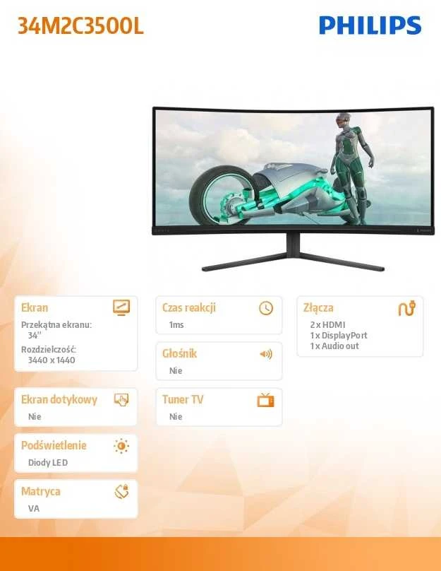Žaidimų monitorius Philips Evnia 34M2C3500L | 34" / Fast VA / WQHD 3440 x 1440/ DisplayPort: 180 Hz, HDMI: 100 Hz /300 cd/m²