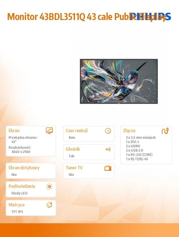 Monitorius Philips 43BDL3511Q 43", Juodos spalvos